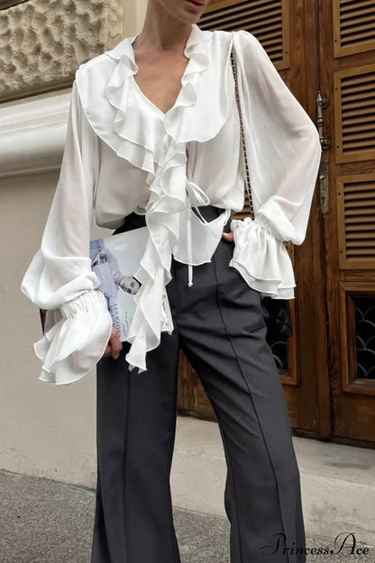 Burgundy Chiffon Ruffled V Neck Tie Blouse