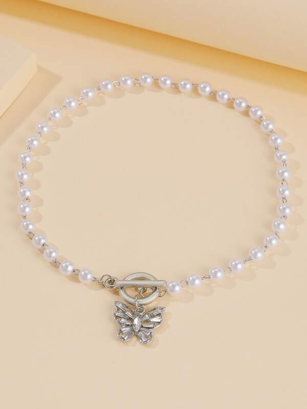 Butterfly Charm Faux Pearl Choker for Women
