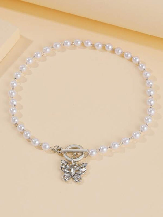 Butterfly Charm Faux Pearl Choker for Women