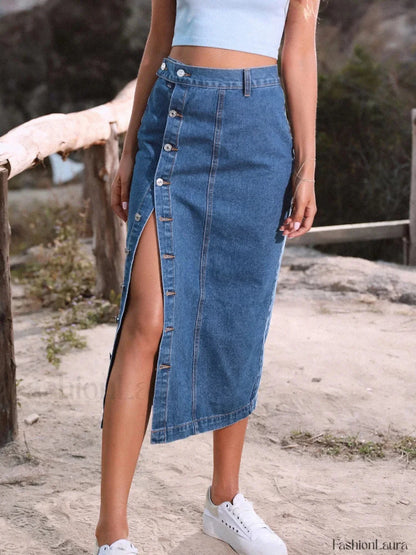 Button A-line Side Split Office Lady Midi Skirt