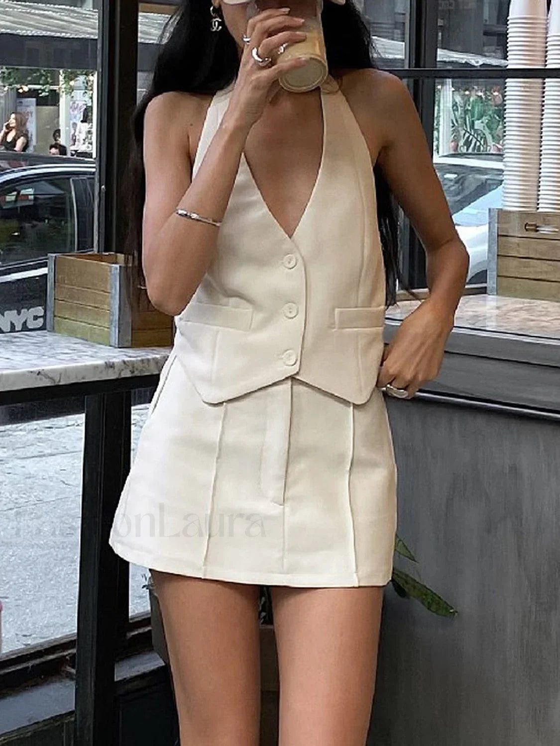 Button Front Halter Neck Backless Classic Vest Blazer With Skirt Set