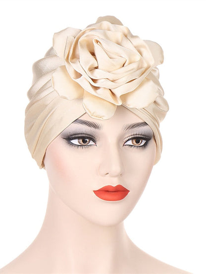 Big Flower Muslim Women Turban Satin Head Wrap Hijab Sleep Night Hat Hair Care Cap Indian Elastic Beanie Ladies Hair Loss Headwear for Women