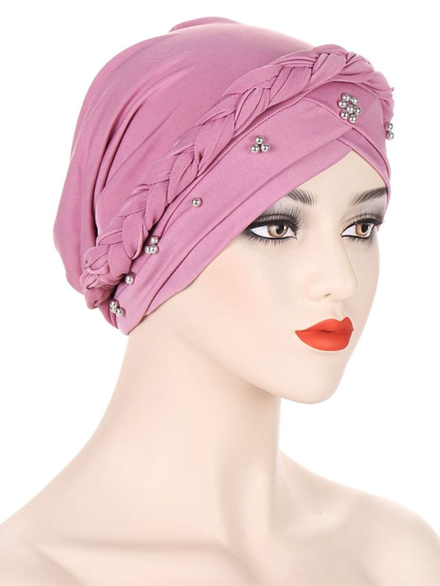 Multiple Colors Choice with Beads Women Muslim Braid Head Turban Wrap Cover Islamic Arab Cap Fashion Hair Loss Bonnet Beanies for Women