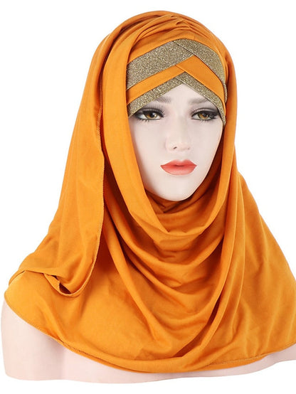 Forehead Cross Hair Wrap Scarf Solid Color Glitter Sequins Jersey Hijabs Muslim Headband Women Turban Hair Cap Headscarf for Women