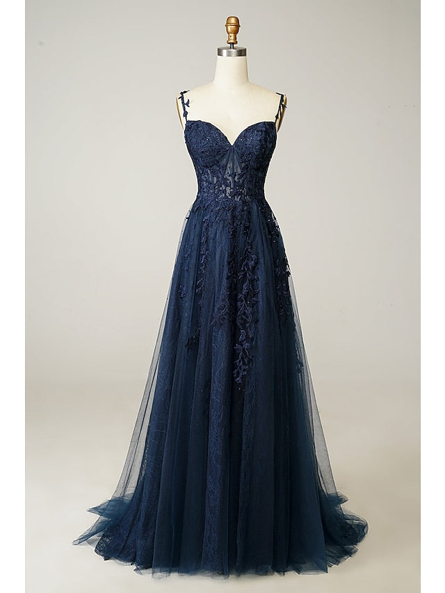 A-Line Prom Dresses See Through Dress Formal Sweep / Brush Train Sleeveless Sweetheart Tulle Backless with Beading Slit Appliques 2023