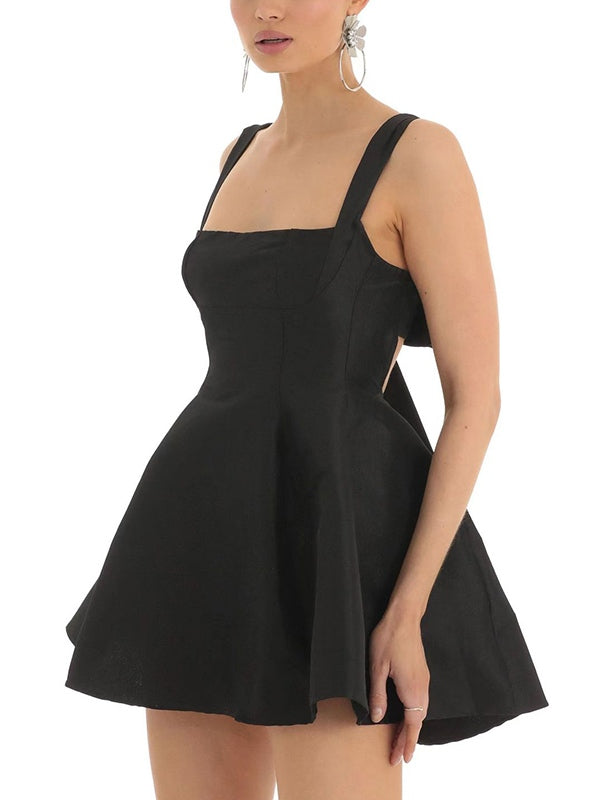 Solid Backless Bow Mini Dress