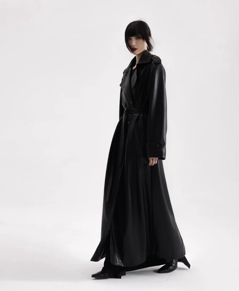 Long Black Soft Leather Long Coat
