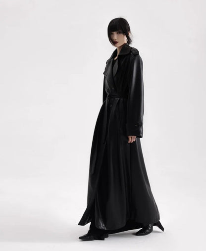 Long Black Soft Leather Long Coat