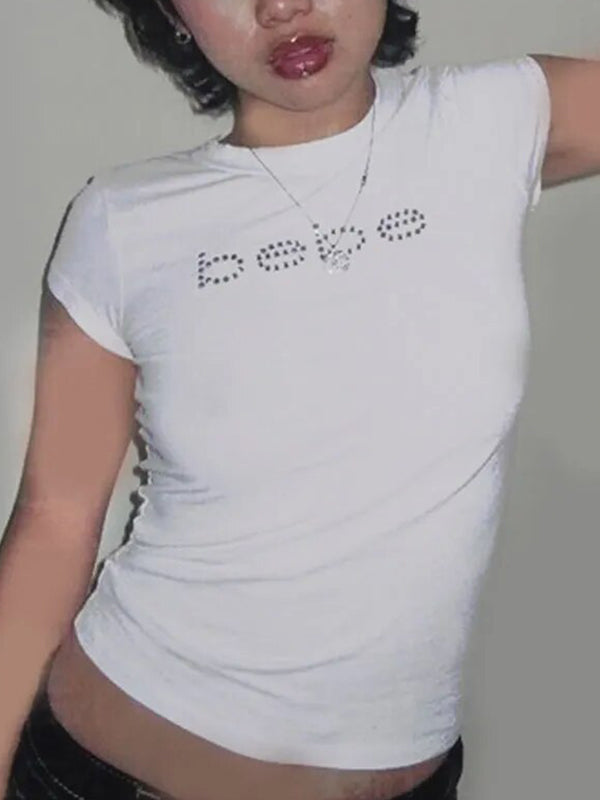 Letter Rhinestone Print Pullover Slim Short Sleeve Tee