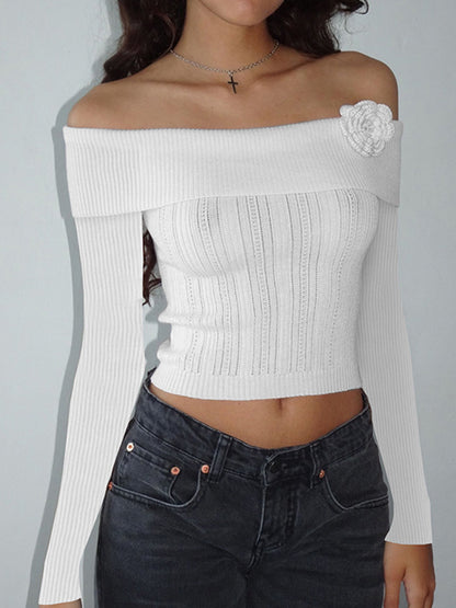 Solid Flower Decor Off Shoulder Sweater