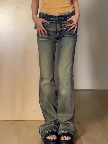 Washed Distressed Belted Flare Jeans