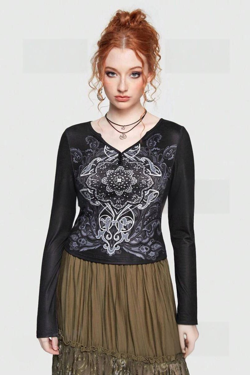 V-Neck Mesh Raglan Floral Knit Top