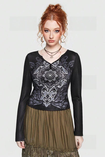 V-Neck Mesh Raglan Floral Knit Top