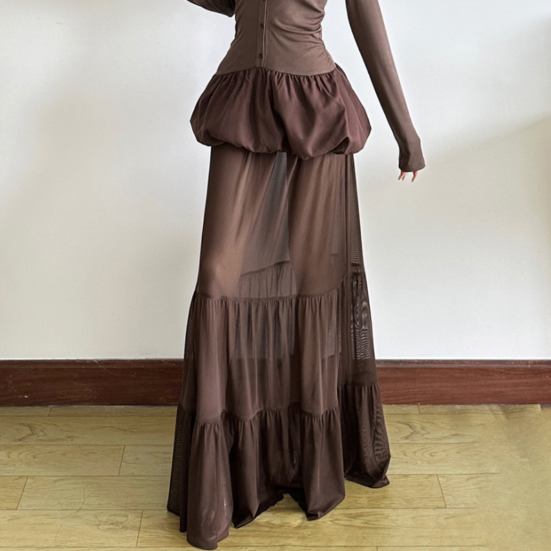 Sheer mesh ruched solid maxi skirt  | Festival Outfits Women