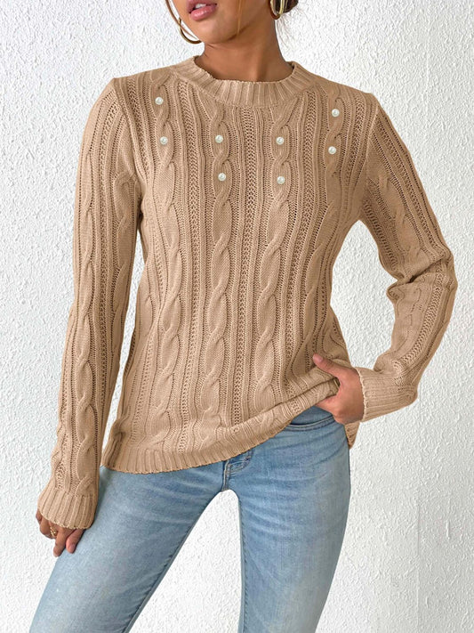 Elegante jersey de punto trenzado con cuentas para mujer | Ideal para otoño/invierno