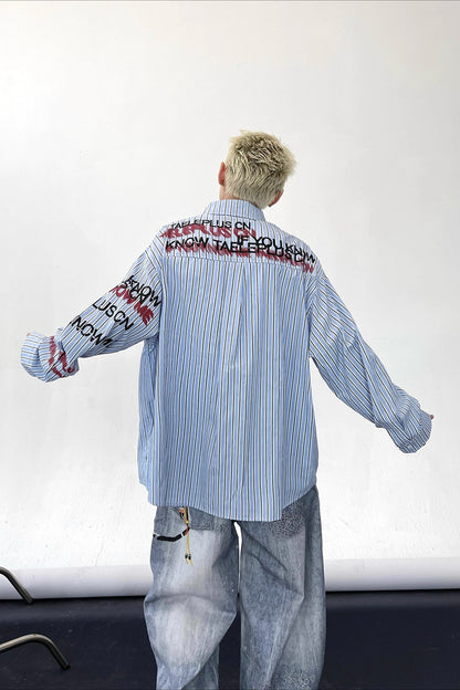 Stripe Punk Slogan Print Relaxed Fit Long Sleeve Blouse