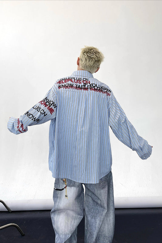 Stripe Punk Slogan Print Relaxed Fit Long Sleeve Blouse