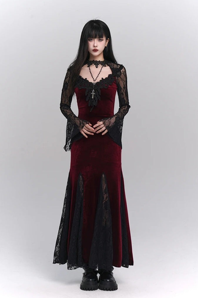 American Gothic Vintage Lace Patchwork Flare Sleeve Maxi Dress