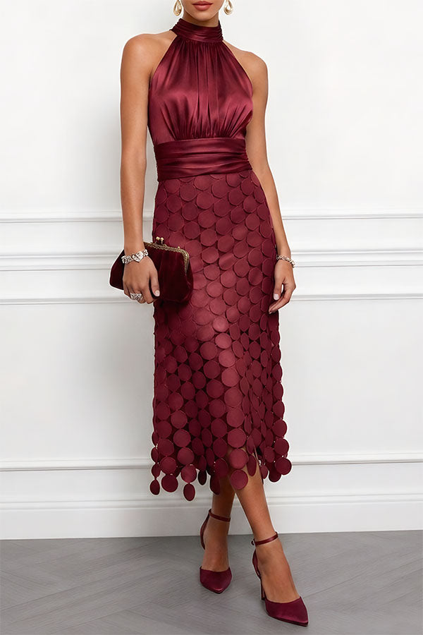 Janice Satin Ruched Halter Neck Sleeveless Embroidered Polka Dot Hem Midi Dress