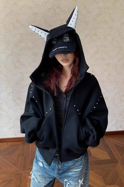 American Panel Rivet Doberman Ear Hoodie