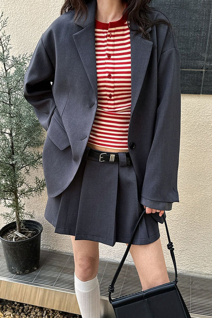 Contrast Sleeve Blazer Pleated Midi Skirt Set