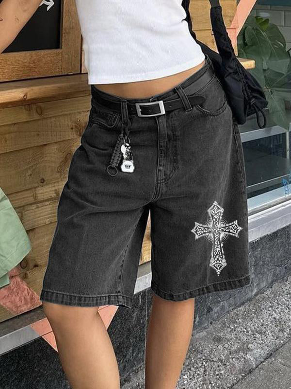 Cross Print High Waist Straight Leg Denim Shorts