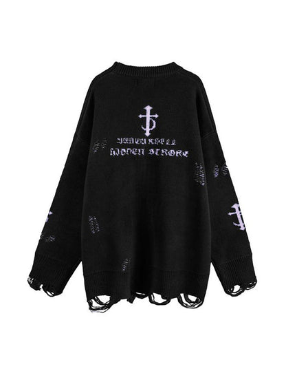 Letter Jacquard Ripped Holes Pullover Sweater