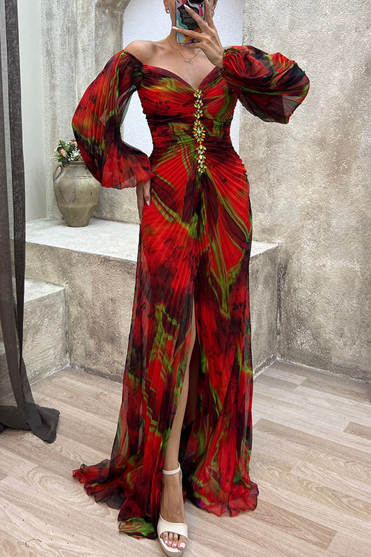 Sunset Serenade Printed Off Shoulder Embellished Pleated Slit Maxi Dress