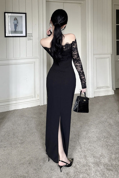 Gothic Off-the-Shoulder Lace Patchwork Maxi Dress