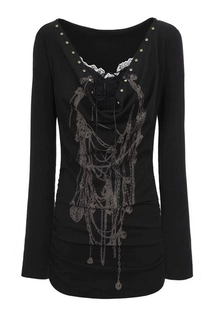 Grunge Lace Patchwork Layered Slim Long Sleeve T-shirt