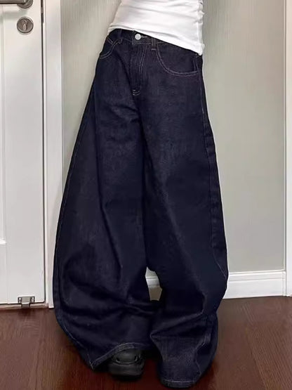 Washed baggy high waist straight mopping jeans