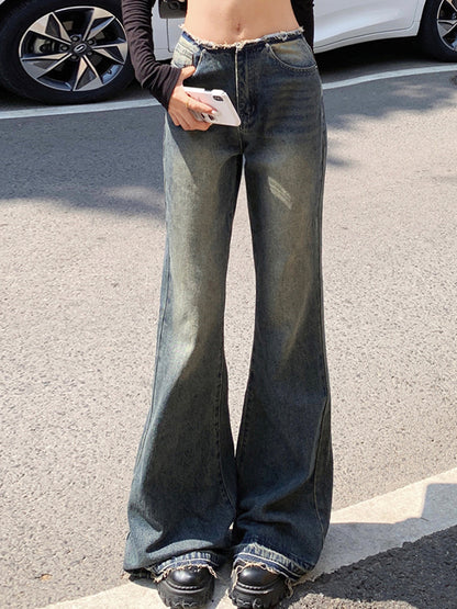 Low rise raw edge loose floor mopping Flare Jeans