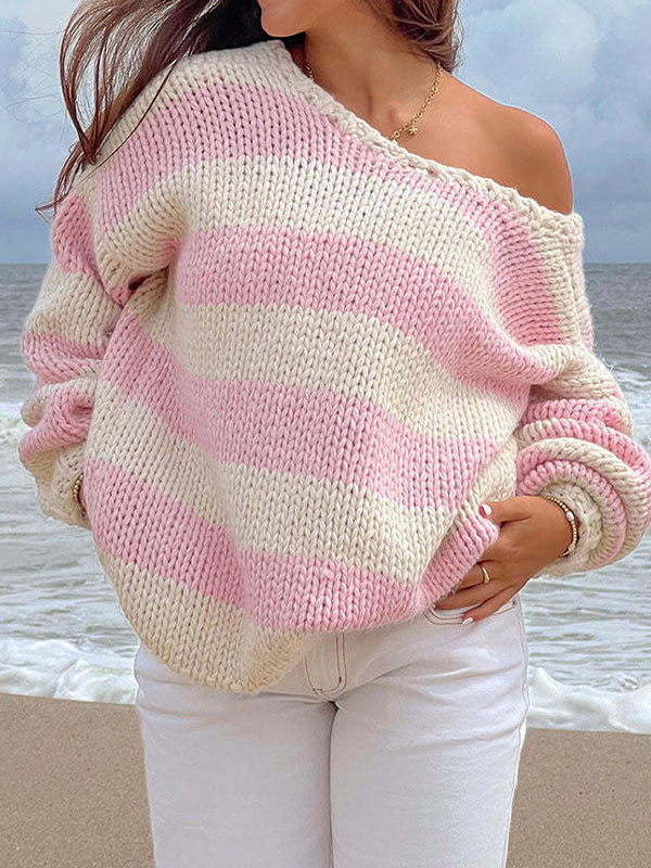 Off The Shoulder Striped Print Oversized Sweaters