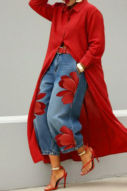 Fashionable Floral Print Loose-fitting Casual Pockets Wide-leg Jeans