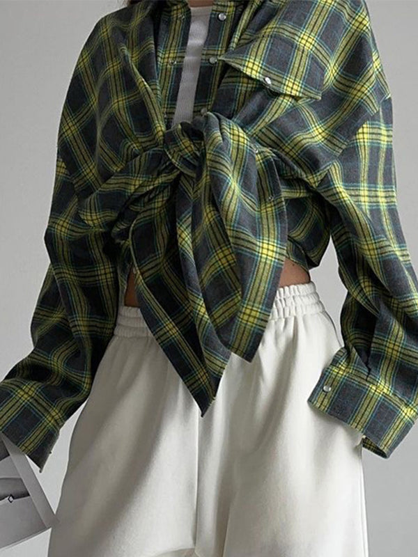 Vintage Plaid Print Long Sleeve Blouse
