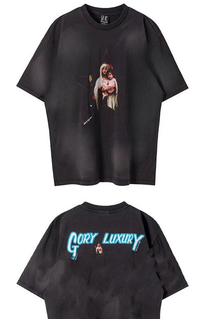 Washed Distressed Logo Graphic Crew Neck T-shirt
