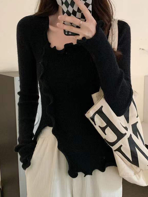 Irregular design ruffled hem sweater