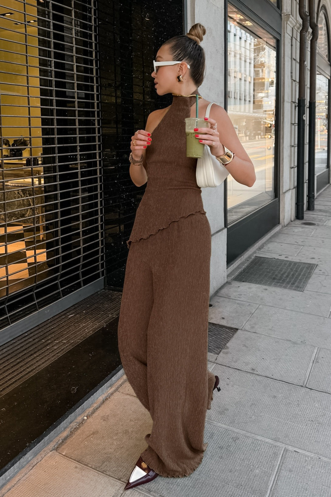 Green Halter Neck Top Pleated Wide Leg Pants Set