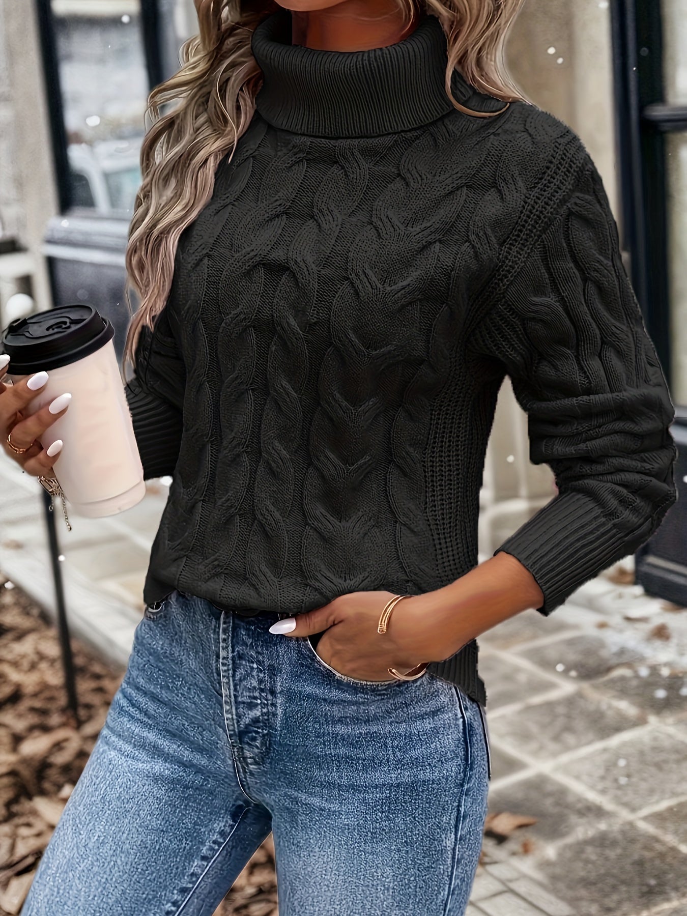 Jersey de cuello alto de punto trenzado vintage para mujer | Ideal para otoño/invierno