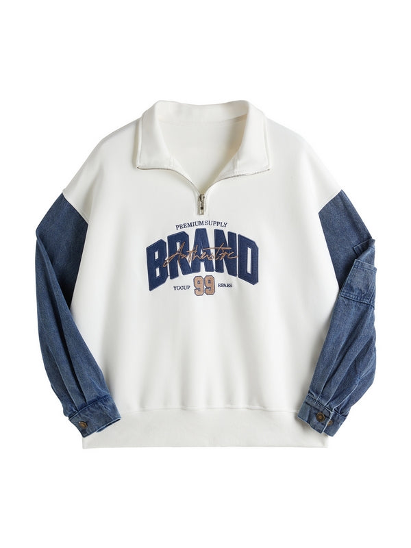 Denim Splice Letter Print Lapel Neck Oversized Hoodie