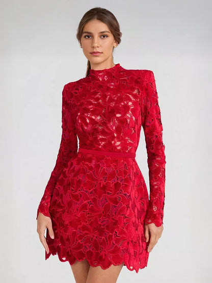Lace Dress High Neck Long Sleeve Birthday Party Spring Mini Dress For Women 2026