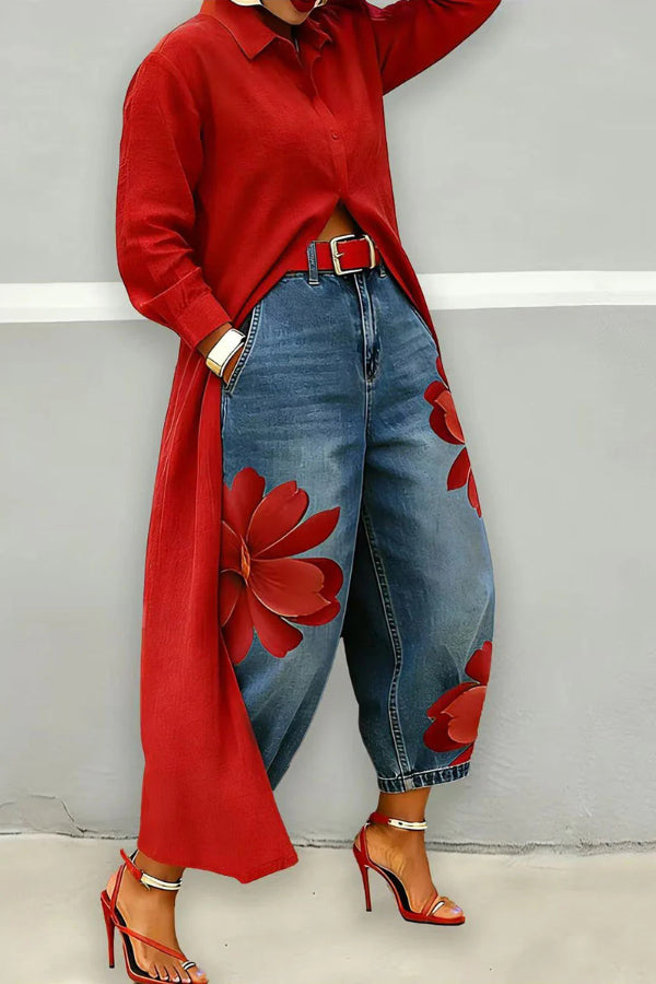 Fashionable Floral Print Loose-fitting Casual Pockets Wide-leg Jeans
