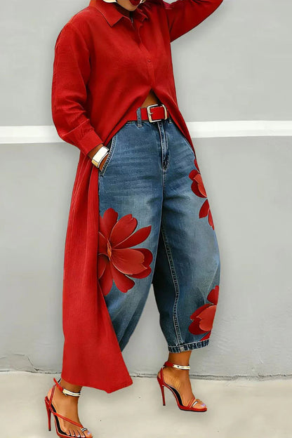 Fashionable Floral Print Loose-fitting Casual Pockets Wide-leg Jeans