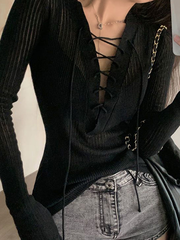 Solid V Neck Lace Up Long Sleeve Knit