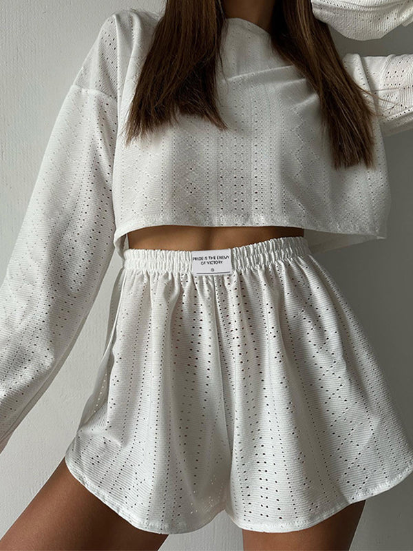 Solid Cutout Loose Long Sleeve Tee & Shorts Set
