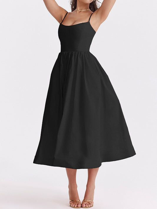 Solid Backless Cami A-line Midi Dress