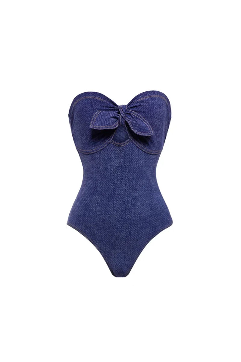 Conjunto de traje de baño de una pieza con bandeau de mezclilla