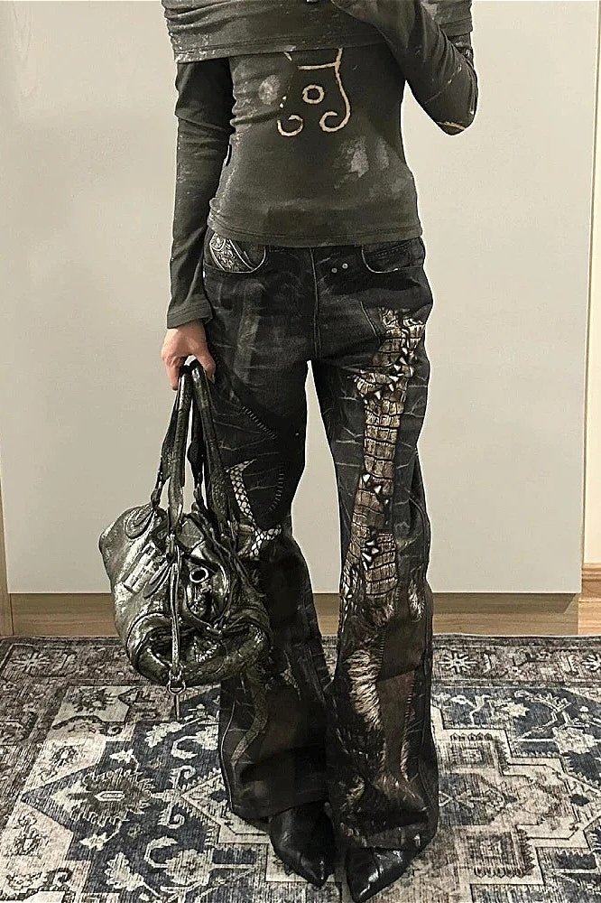Snake Skin Gothic Punk Black Denim Pants