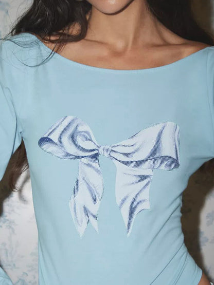 Bow Print Backless Long Sleeve Tee