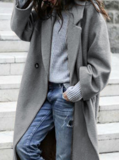 Solid Woolen Lapel Neck Long Jacket